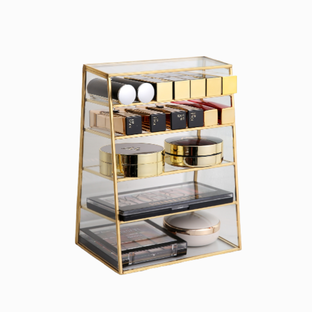Gold & Glass Multi Compartment Organiser Rack