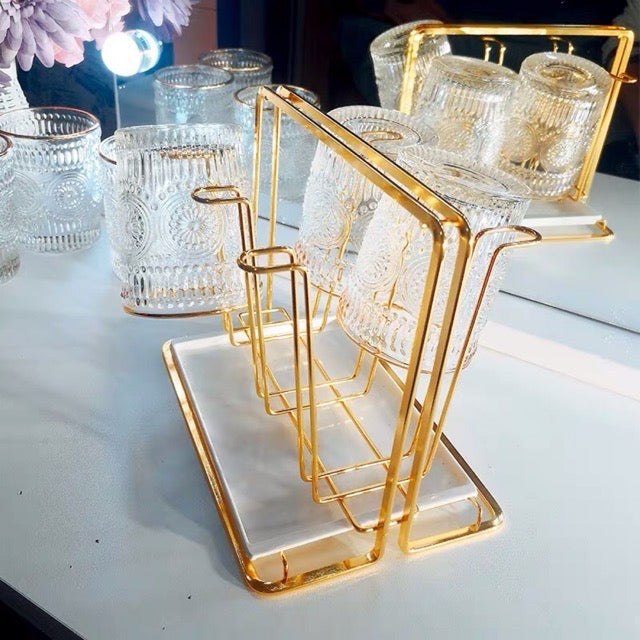 Elegant Gold Cup Rack & Glass Cup Set