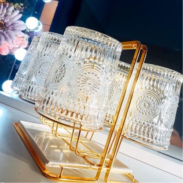 Elegant Gold Cup Rack & Glass Cup Set
