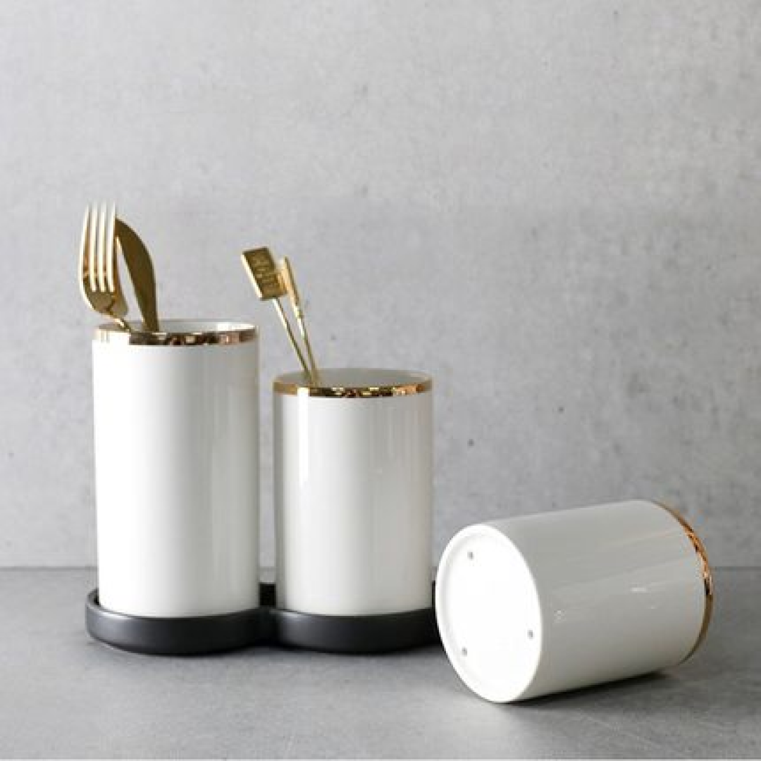 Trio Ceramic White Gold Black Kitchen Utensil Holder