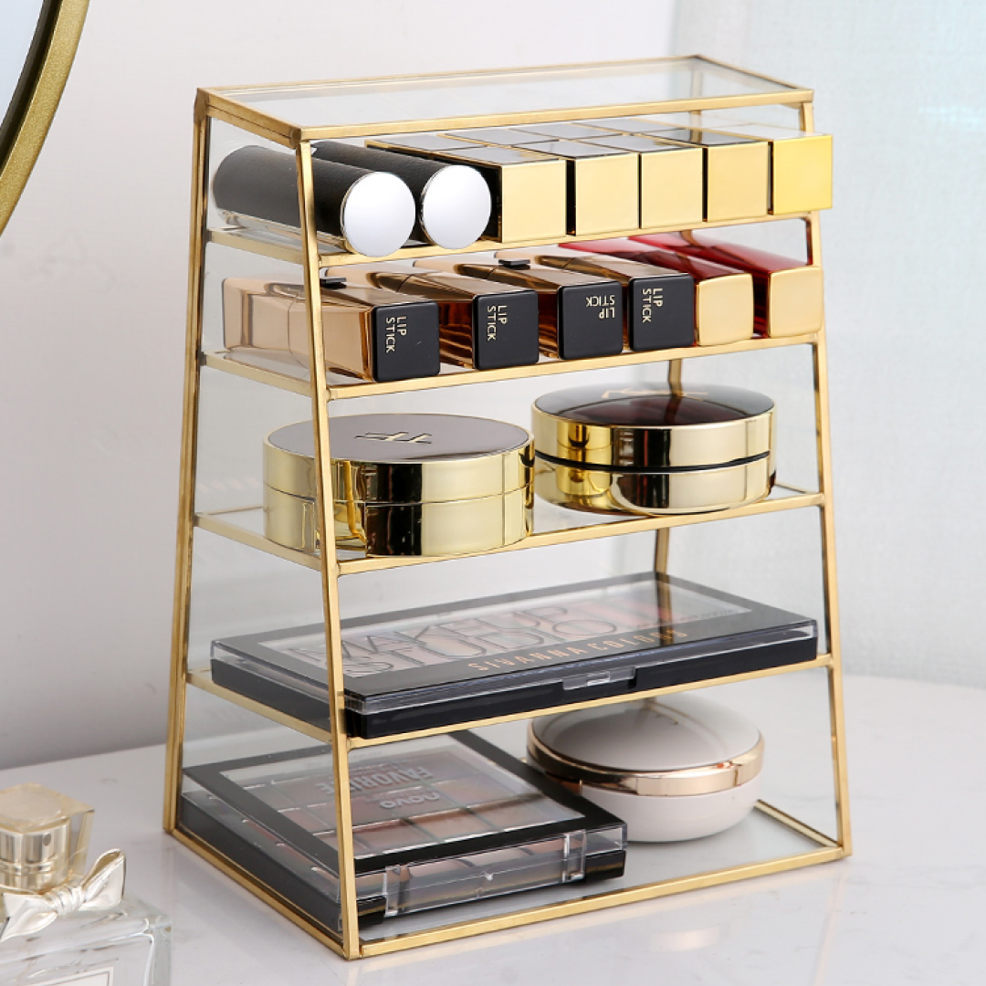 Gold & Glass Multi Compartment Organiser Rack