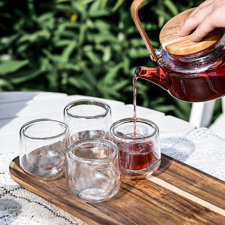 Glass & Wood Tea Pot Set of 6