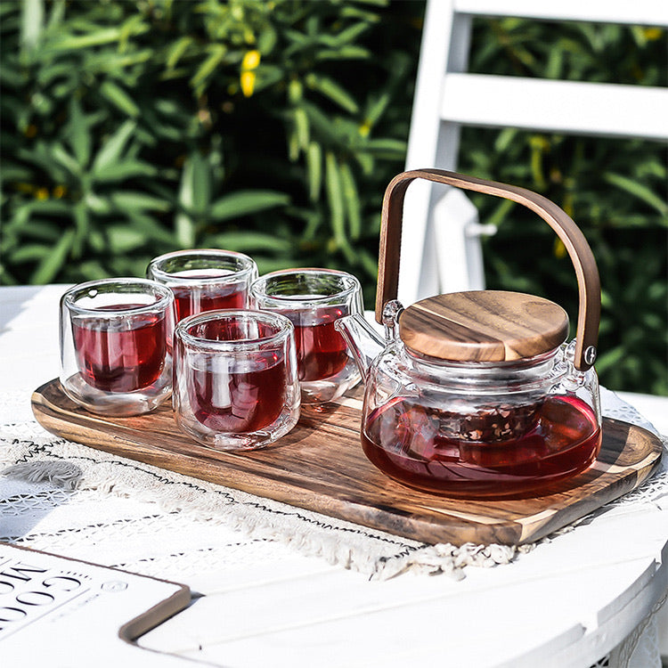 Glass & Wood Tea Pot Set of 6